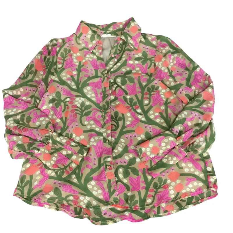 Women's Blouse with U-Shaped CollarTop Long Sleeve By Entro In Green & Pink, Size: S