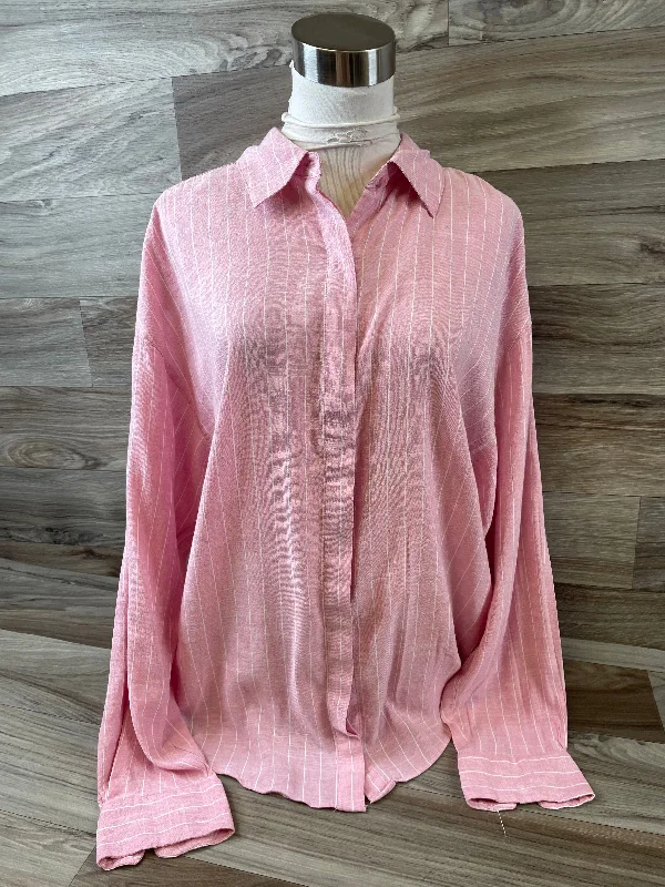 Women's Blouse with Mandarin CollarTop Long Sleeve By Express In Pink & White, Size: M