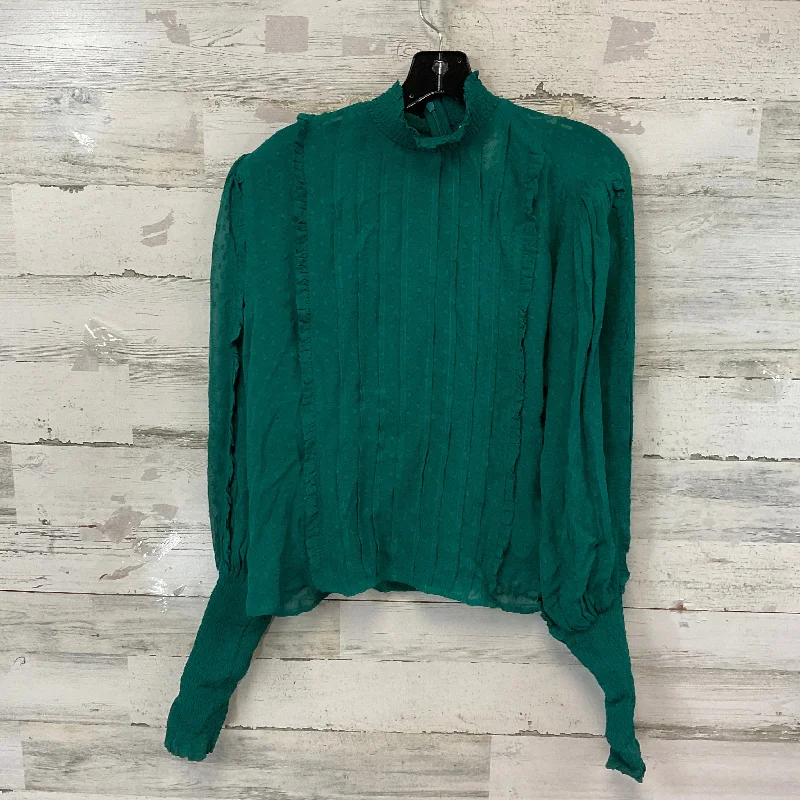 Women's Blouse with Lapel CollarTop Long Sleeve By Farm Rio In Green, Size: L