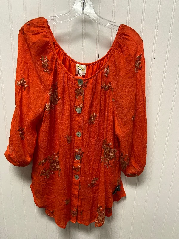 Women's V-Neck BlouseTop Long Sleeve By Figuero & Flower In Orange, Size: Xl