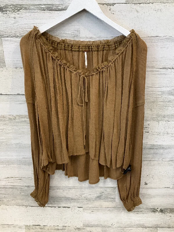 Women's Blouse with Narrow CollarTop Long Sleeve By Free People In Brown, Size: Xs