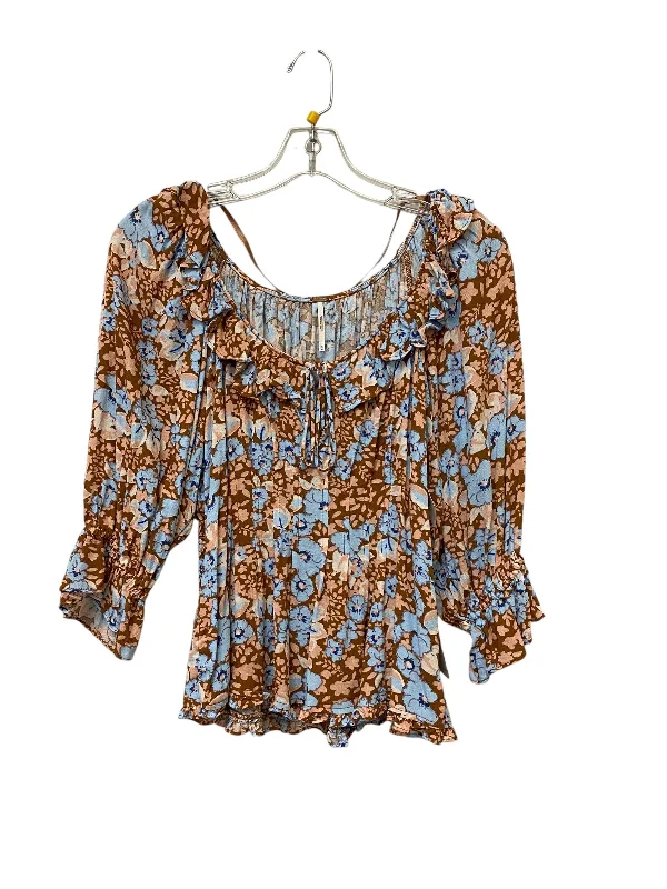 Women's Blouse with Shirt CollarTop Long Sleeve By Free People In Floral Print, Size: M