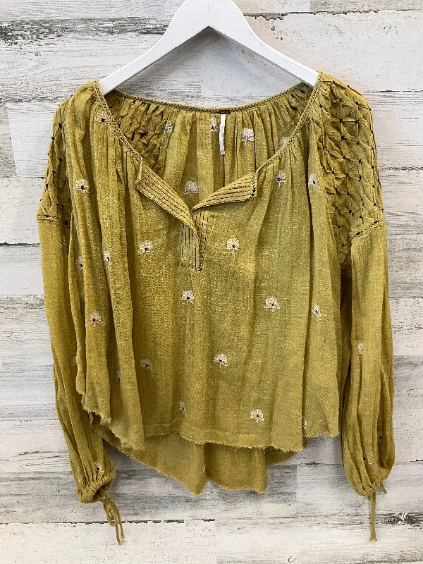 Women's Blouse with U-Shaped CollarTop Long Sleeve By Free People In Yellow, Size: Xs