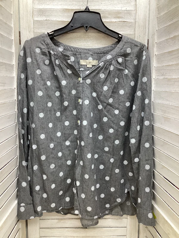 Women's Blouse with Wide CollarTop Long Sleeve By Loft In Polkadot Pattern, Size: L