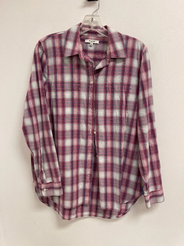 Women's Blouse with U-Shaped NeckTop Long Sleeve By Madewell In Plaid Pattern, Size: M