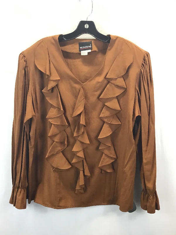 Women's Blouse with Notched CollarTop Long Sleeve By Notations In Brown, Size: L