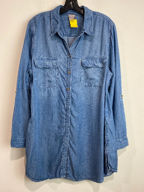 Women's Blouse with Collarless DesignTunic Long Sleeve By Chicos In Blue Denim, Size: L