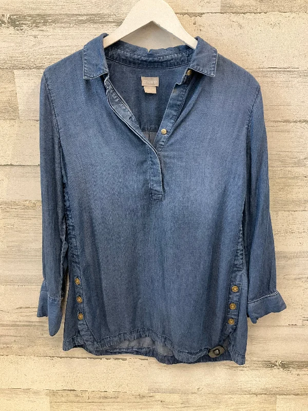 Women's Blouse with Mandarin CollarTunic Long Sleeve By Chicos In Blue Denim, Size: M